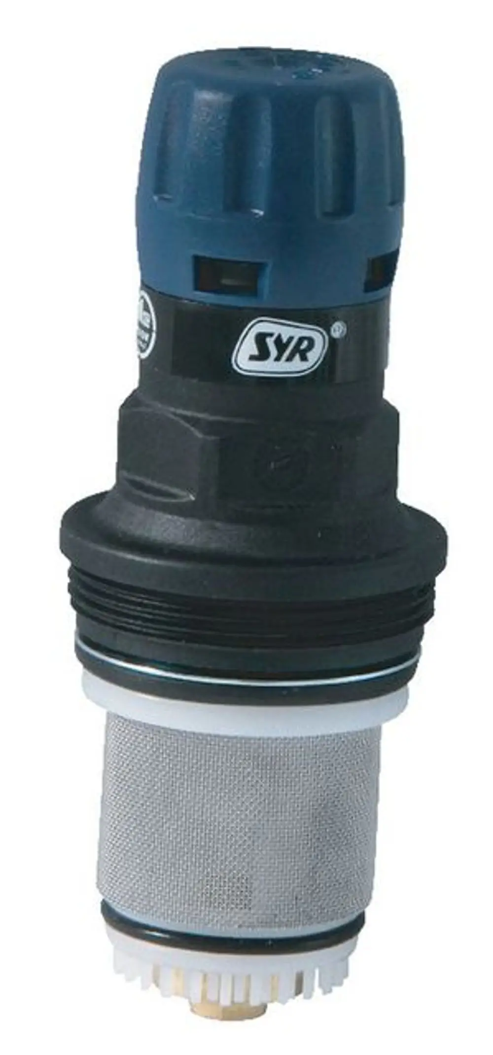 SYR Druckmindererkartusche mit blauem Oberteil und metallischem Filtergitter, zur Verwendung in Wasserleitungssystemen zur Druckregulation.
